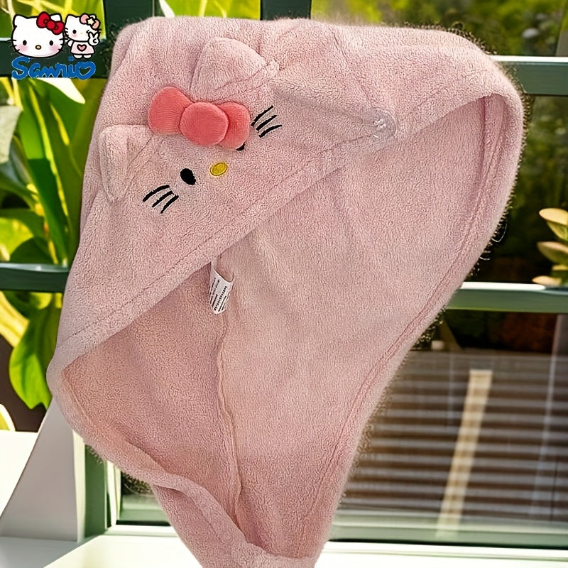 1pc Sanrio Authorized Cute Hair Drying Cap | Hello Kitty Coral Fleece Thickened Absorbent Wrap, Non-Shedding Design