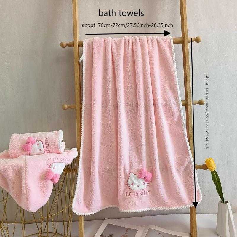 3pcs Sanrio Hello Kitty Bath Towel | Quick-Dry Thick Coral Towels with Hello Kitty Design, Cute Cartoon Theme, Contemporary Style, Fabric, 380 g\m², Suitable for Women and Adults, Wash Cloths