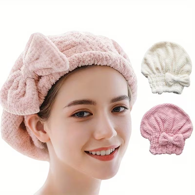 2pcs (1 Dry Hair Towel+1 Dry Hair Cap) Double-layer Dual Color Thick Coral Fleece Dry Hair Cap, Headscarf, Cute Bow Dry Hair Cap