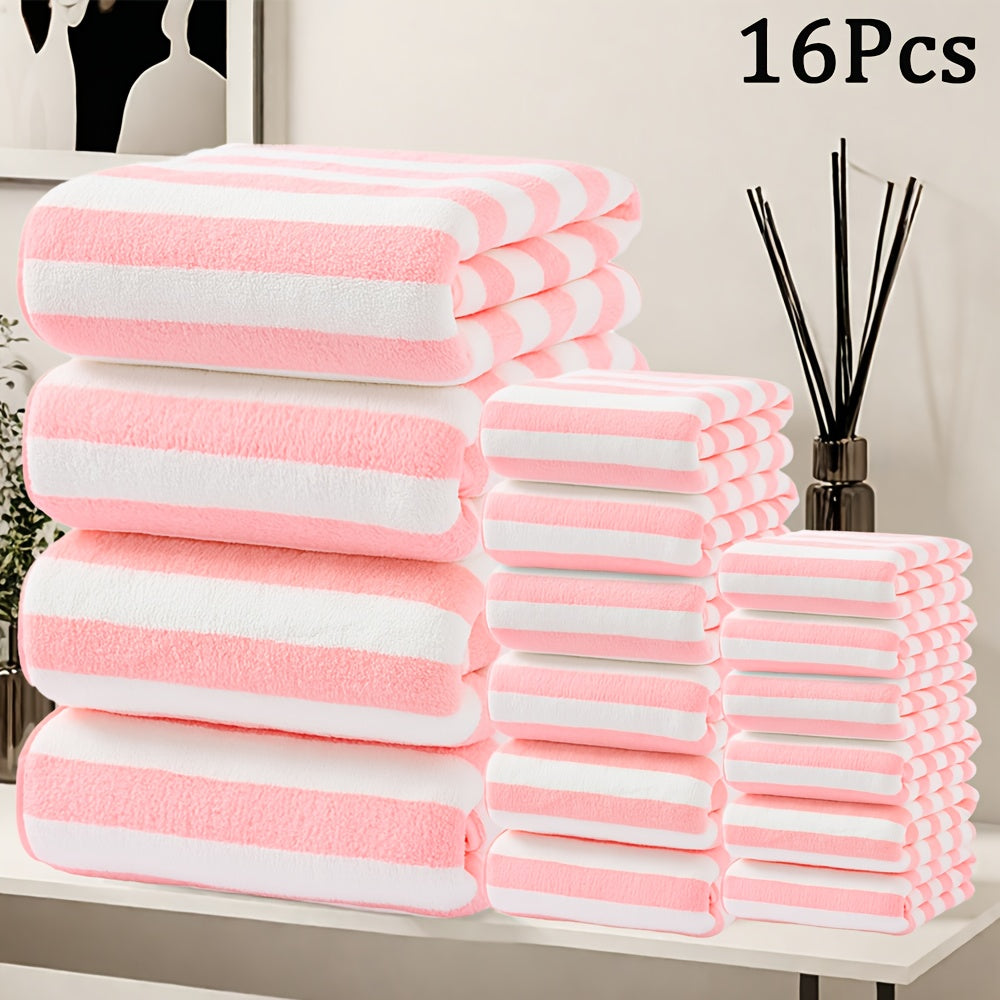 Bath Towels Set 16pcs Set Bath towels set, bathroom Supplies, Hand Towels Bath Towels Set, Microfiber Material, Stripe pattern, Multi-purpose Quick drying bath towels, Soft and comfortable, Multi-color options, for bathroom, shower, Hotel