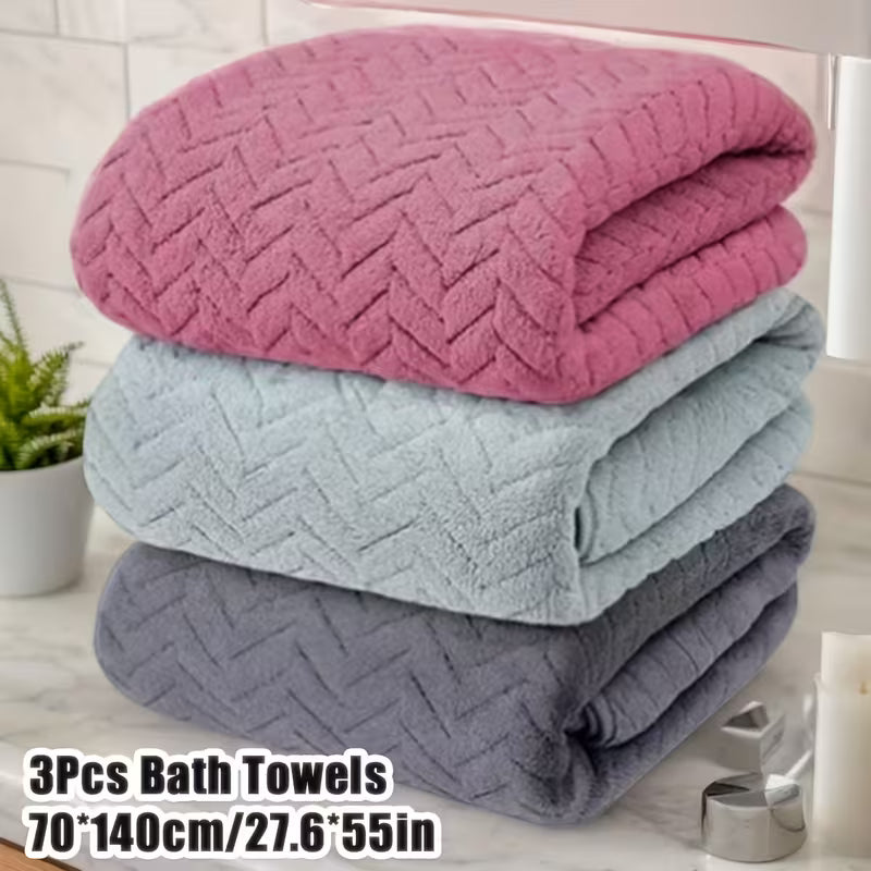 3pcs Large-sized Bath Towel Set - Extra Thick And Highly Absorbent, Soft Modern Wheat Straw And Wave Patterned Towels