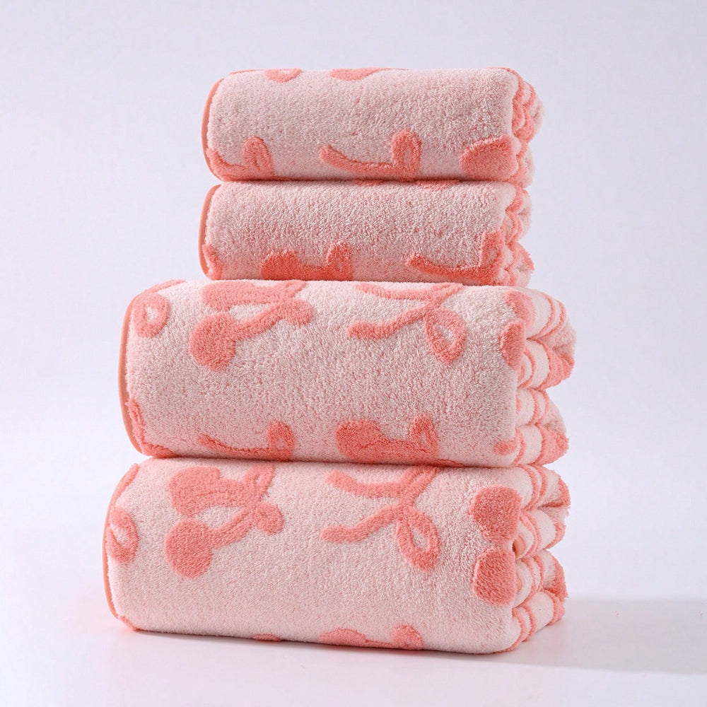 Luxury | Quick-Dry 4pcs Luxury Quick-Dry Soft Bath Towel & Hand Towel | Cherry & Bow Pattern, Small Sizes, Modern Decorative Towel Set