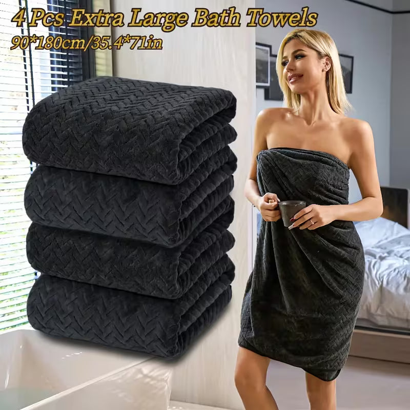 Set of 4 Oversized Bath Towels Measuring 90 by 190 Cm (35.4 by 75 Inches), Made from Ultra-Fine Fiber Material. These Fluffy, Solid-Colored Towels Offer Excellent Absorbency And Are Soft And Comfortable