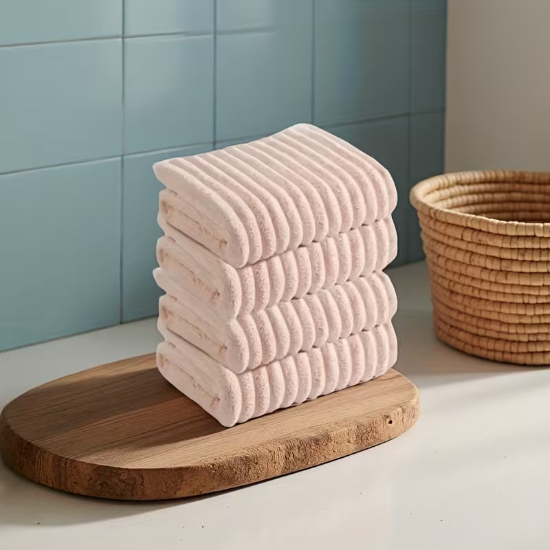4-Pack Soft Coral Towels - Quick-Dry Striped Bath & Hand Towels Suitable for Bathroom, Travel, Camping - Bedspread Color (No Shedding/Color Loss) - Contemporary Rectangular Towels