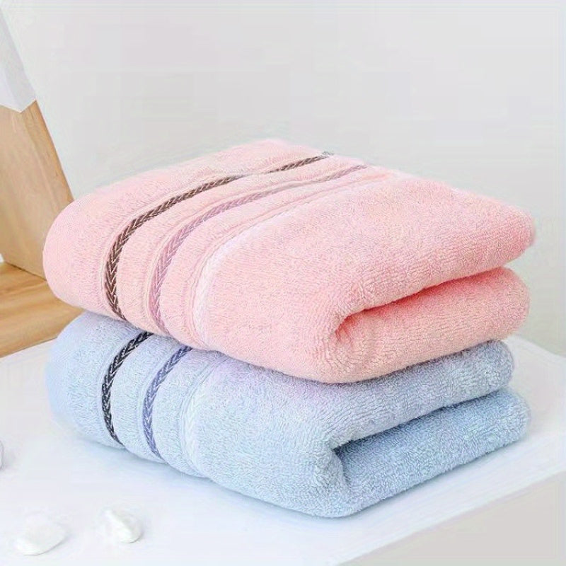 2 Soft Towels - Thick and Absorbent, Light Beige with Reinforced Edge Stripe Design