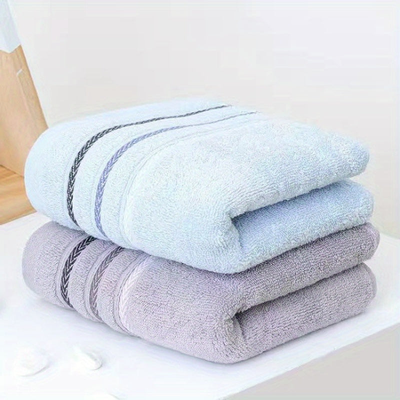2 Soft Towels - Thick and Absorbent, Light Beige with Reinforced Edge Stripe Design