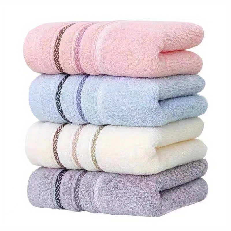 2 Soft Towels - Thick and Absorbent, Light Beige with Reinforced Edge Stripe Design