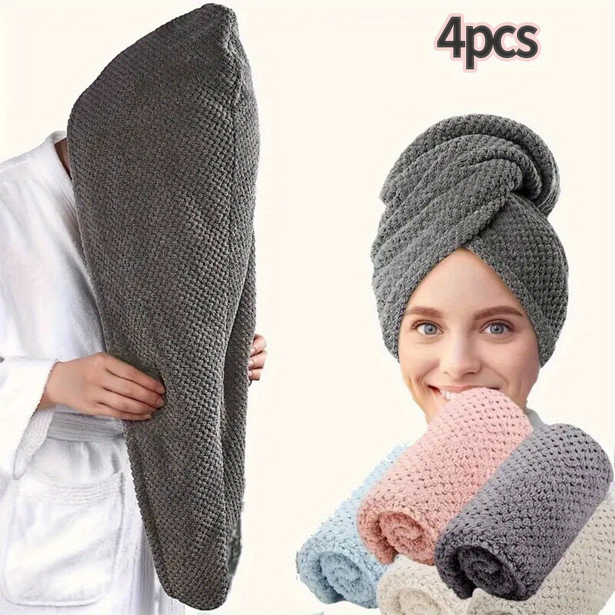 1\u002F4pcs Microfiber Hair Towel, 300GSM Soft Hair Drying Cap, Simple Solid Color Hair Towel for Bathroom, Super Absorbent Hair Wrap Towel for Curls, Anti-Frizz Hair Turban for Wet Hair, Bathroom Essentials, Bathroom Accessories