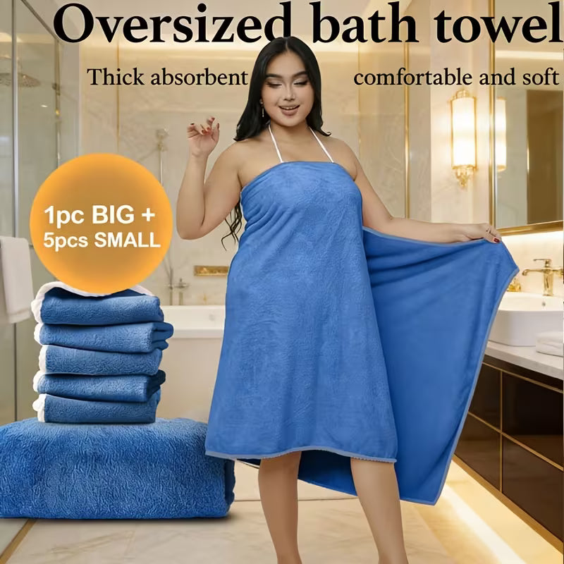 Set of Large Bath Towels Designed for Curvy Women, Including 6pcs: One Large Soft Coral Fleece Body Towel (78.74X39.37 Inches) And 5 Smaller Towels (13.78X13.78 Inches)