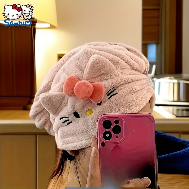 1pc Sanrio Authorized Cute Hair Drying Cap | Hello Kitty Coral Fleece Thickened Absorbent Wrap, Non-Shedding Design
