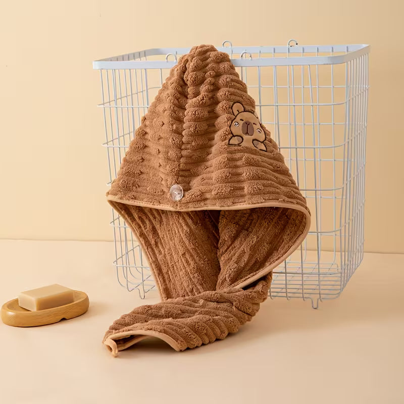 Cute Capybara Hair Drying Cap with Capybara Ear - Thick Coral Fleece Suitable for Head Wrap & Hair Towel Use, Super Absorbent Quick-Dry for Wet Hair Care