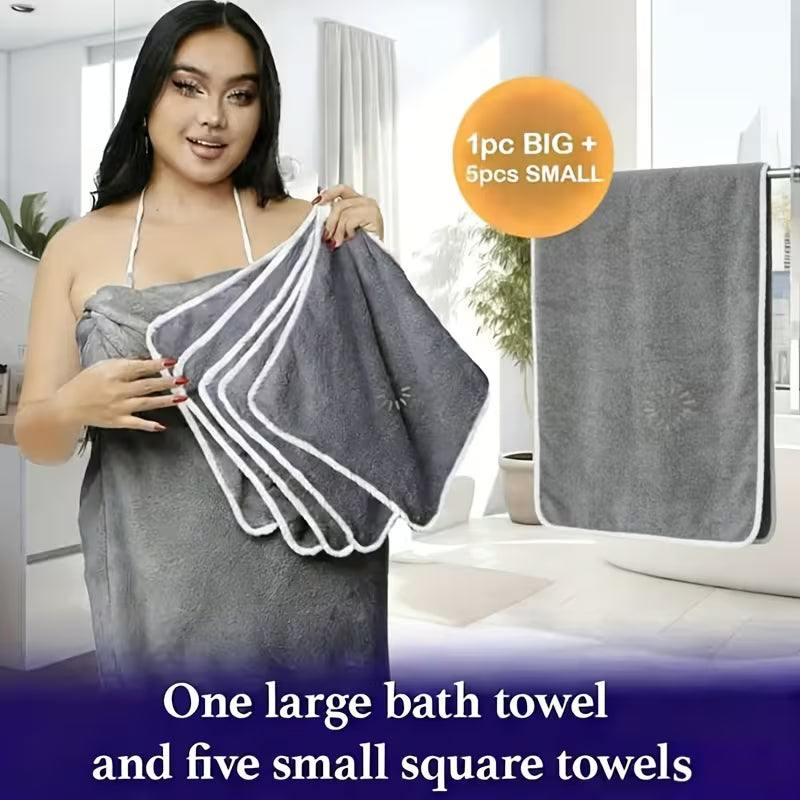 Set of Large Bath Towels Designed for Curvy Women, Including 6pcs: One Large Soft Coral Fleece Body Towel (78.74X39.37 Inches) And 5 Smaller Towels (13.78X13.78 Inches)