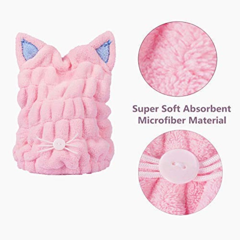 2pcs Ultra Absorbent Hair Quick Drying Towel Microfiber Hair Dry Wrap Turban Cute Kitty Ears Cap Bath Tool Hat for Women
