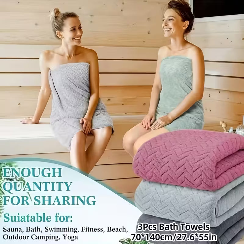 3pcs Large-sized Bath Towel Set - Extra Thick And Highly Absorbent, Soft Modern Wheat Straw And Wave Patterned Towels