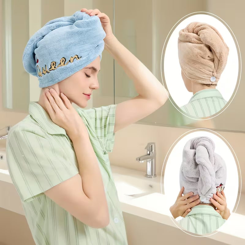 Women's Queen Letter Embroidered Hair Dryer Cap - Thick Super Absorbent Headband Suitable for Quick-Drying, Hair Volume for Curly/Wavy Hair, 400GSM Blow Dry Cap