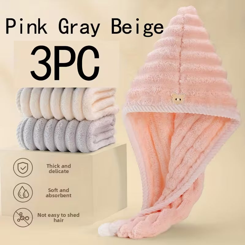 3pcs Thickened Candy Stripe Coral Fleece Hair Towels, Wavy Pattern Extra Large & Thick - Quick Dry, Ultra Soft Durable Hair Turban for Women, Suitable for Long and Short Hair