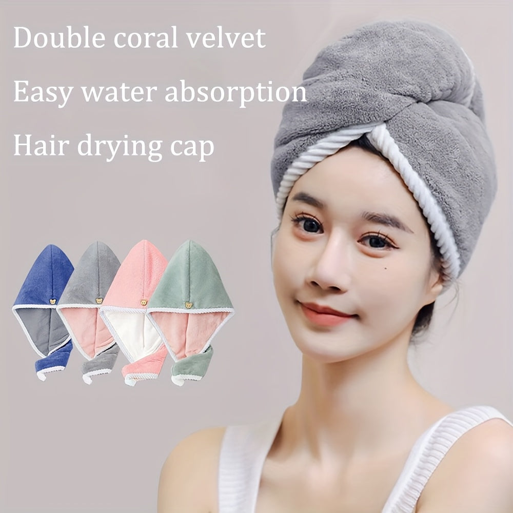 3 Pack Quick-Dry Hair Dry Cap & Towel - Double Thickened Super Absorbent Shower Cap with Coral Fleece, Multi-Color (Blue, Pink, Green)