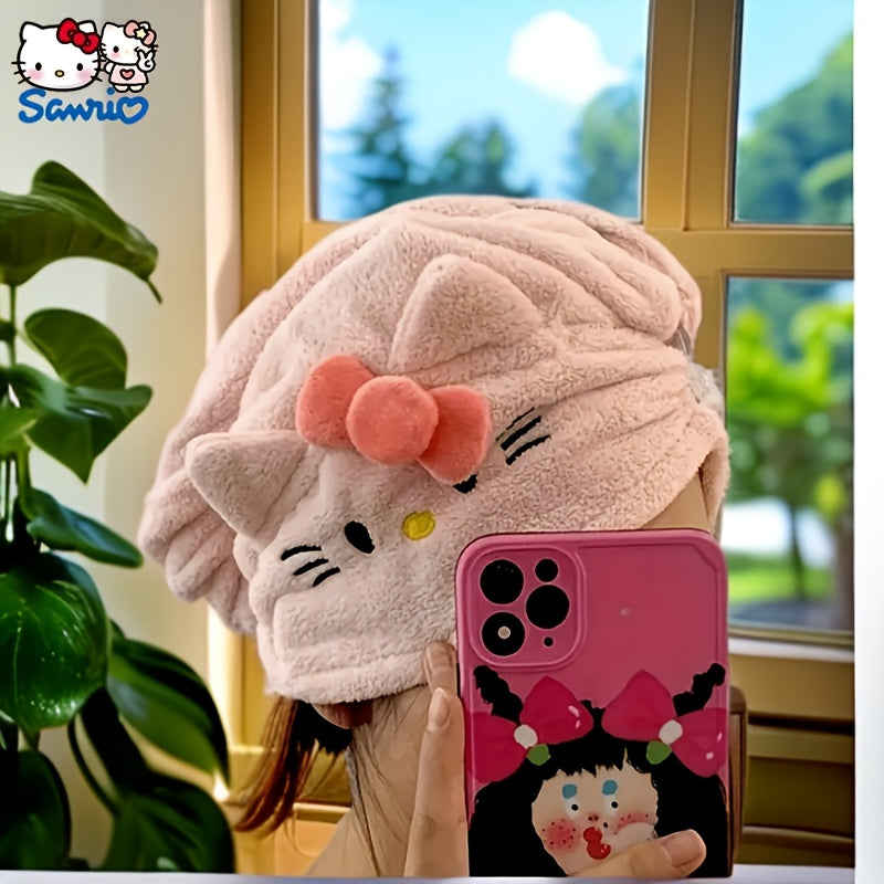 1pc Sanrio Authorized Cute Hair Drying Cap | Hello Kitty Coral Fleece Thickened Absorbent Wrap, Non-Shedding Design