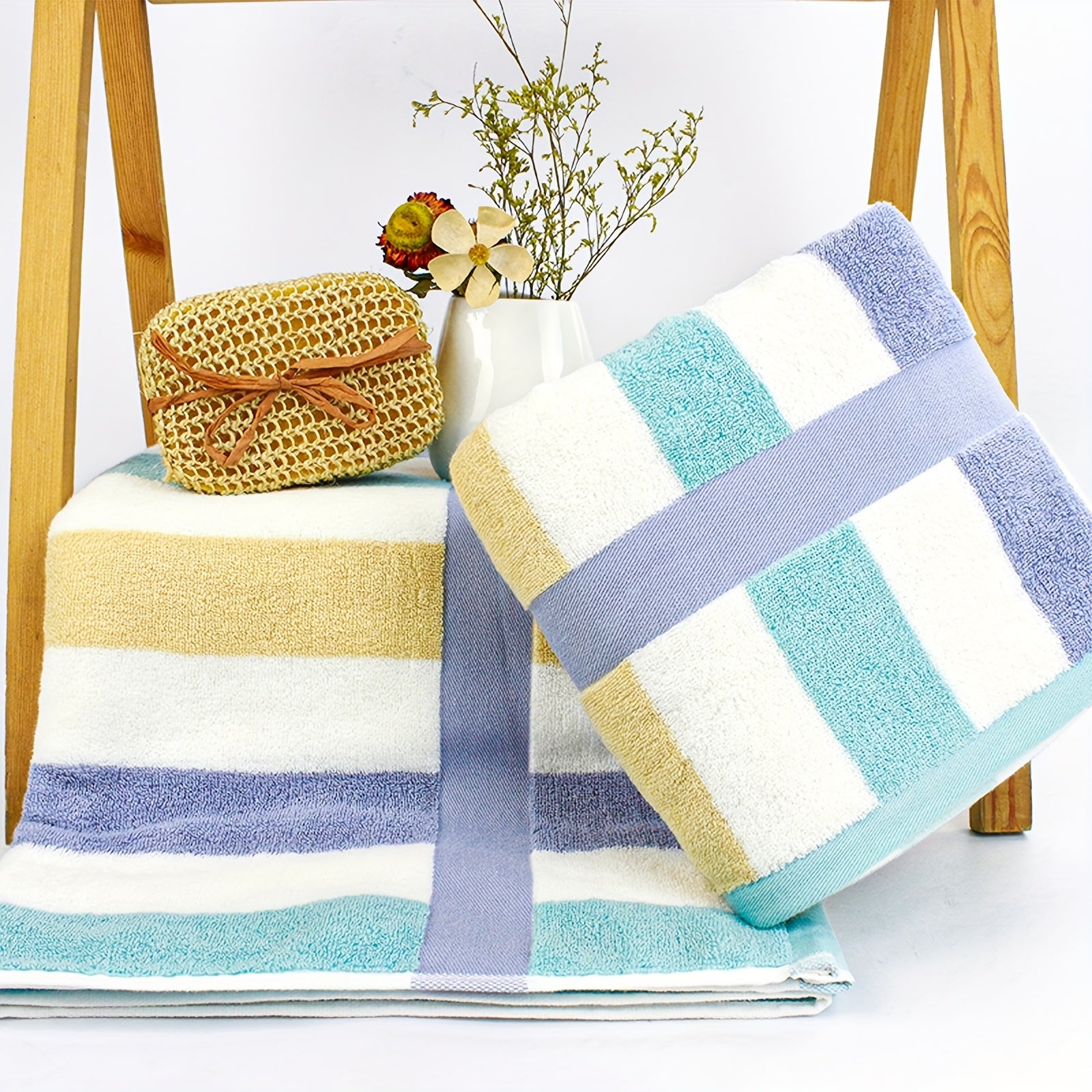 4pcs Heavy-Duty 100% Cotton Bath Towels Set - Large Luxury Spa & Hotel Towel Collection with Pastel Blue\Pink\Green\Yellow Stripes