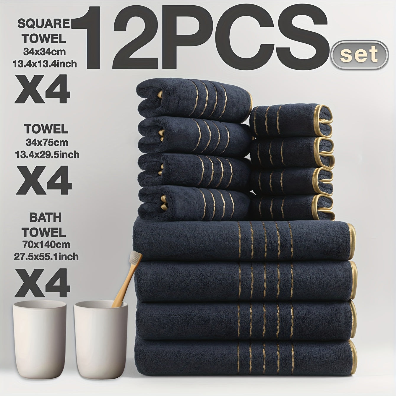 12pcs Set of Ultra-Soft Luxury Golden Thread Coral Washcloth Towel Bath Towel Set, 4pcs 27.5 x 55.1 Inch Bath Towel, 4pcs 13.4 x 29.5 Inch Hand Towel, 4pcs 13.4 x 13.4 Inch Washcloth, Comfortable Soft Quick-Dry, Fast Absorbing, Lightweight Bathroom
