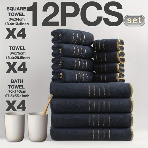 12pcs Set of Ultra-Soft Luxury Golden Thread Coral Washcloth Towel Bath Towel Set, 4pcs 27.5 x 55.1 Inch Bath Towel, 4pcs 13.4 x 29.5 Inch Hand Towel, 4pcs 13.4 x 13.4 Inch Washcloth, Comfortable Soft Quick-Dry, Fast Absorbing, Lightweight Bathroom