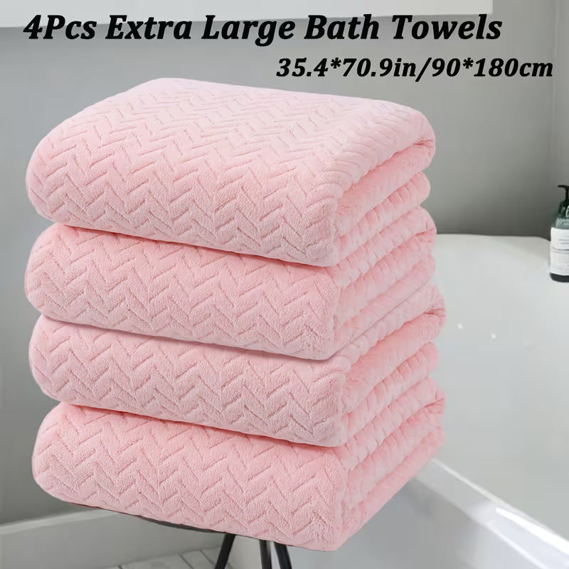 Set of 4 Oversized Bath Towels Measuring 90 by 190 Cm (35.4 by 75 Inches), Made from Ultra-Fine Fiber Material. These Fluffy, Solid-Colored Towels Offer Excellent Absorbency And Are Soft And Comfortable