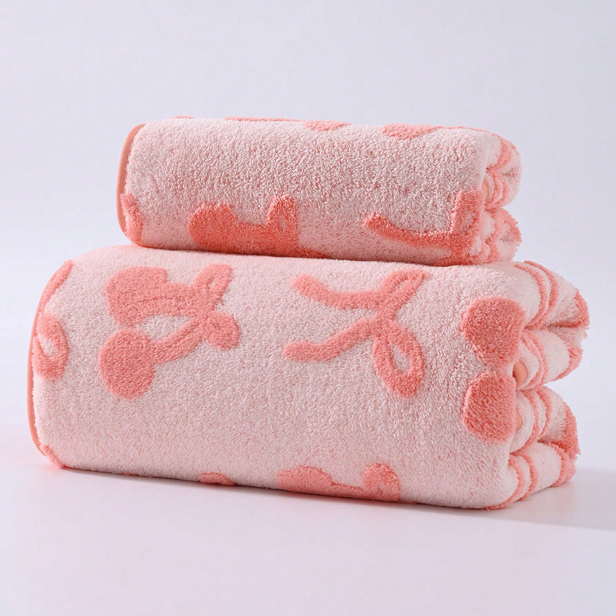 Luxury | Quick-Dry 4pcs Luxury Quick-Dry Soft Bath Towel & Hand Towel | Cherry & Bow Pattern, Small Sizes, Modern Decorative Towel Set