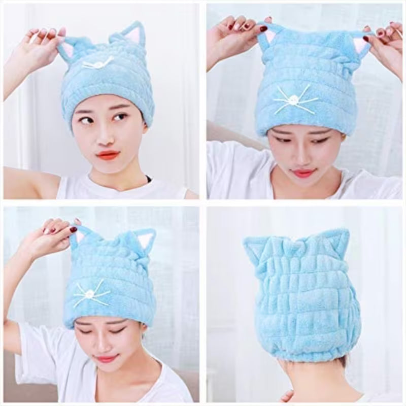2pcs Ultra Absorbent Microfiber Hair Dry Wrap Turban with Cute Kitty Ears | Quick Drying Bath Tool Hat for Women