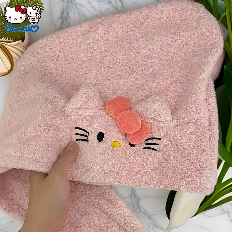 1pc Sanrio Authorized Cute Hair Drying Cap | Hello Kitty Coral Fleece Thickened Absorbent Wrap, Non-Shedding Design