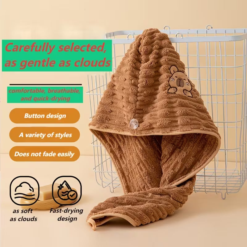 Cute Capybara Hair Drying Cap with Capybara Ear - Thick Coral Fleece Suitable for Head Wrap & Hair Towel Use, Super Absorbent Quick-Dry for Wet Hair Care