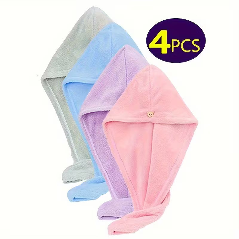 4pcs of Women's fine fiber single layer hair towel, with button design, suitable for wet hair, long curly hair, soft hair drying towel, Quick Dry Hair Wrap, Elegant Hair Accessory, Modern Hair Towel, Microfiber Hair Towel, Lightweight Hair Wrap, Hair