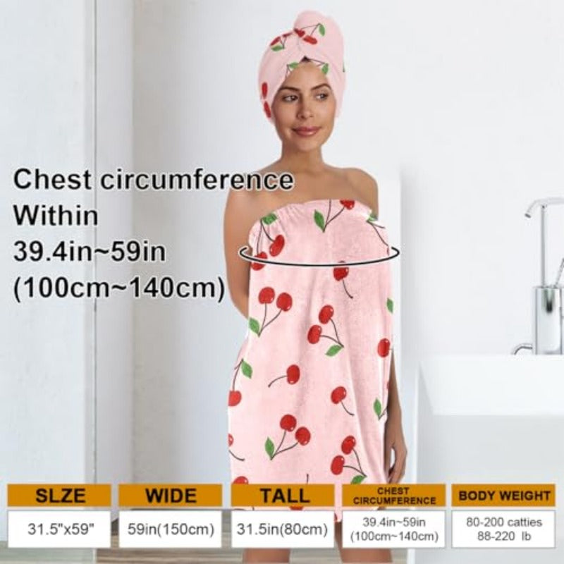 Women'S Cherry Print Towel Wrap and Hair Drying Cap Set | Cute Pink Microfiber Shower Wrap with Adjustable Closure, Quick Dry, Spa Dorm Beach Gift for Her