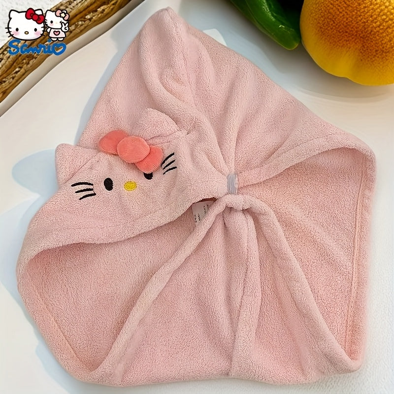 1pc Sanrio Authorized Cute Hair Drying Cap | Hello Kitty Coral Fleece Thickened Absorbent Wrap, Non-Shedding Design