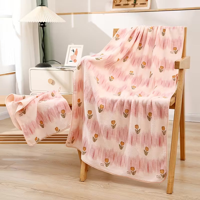 2pcs Floral Adult Bath Towel Set, Spring Tulip Bathroom Towel Set, Coral Fleece Absorbent And Soft Complete Bath Towel Set, Household Hand Towel