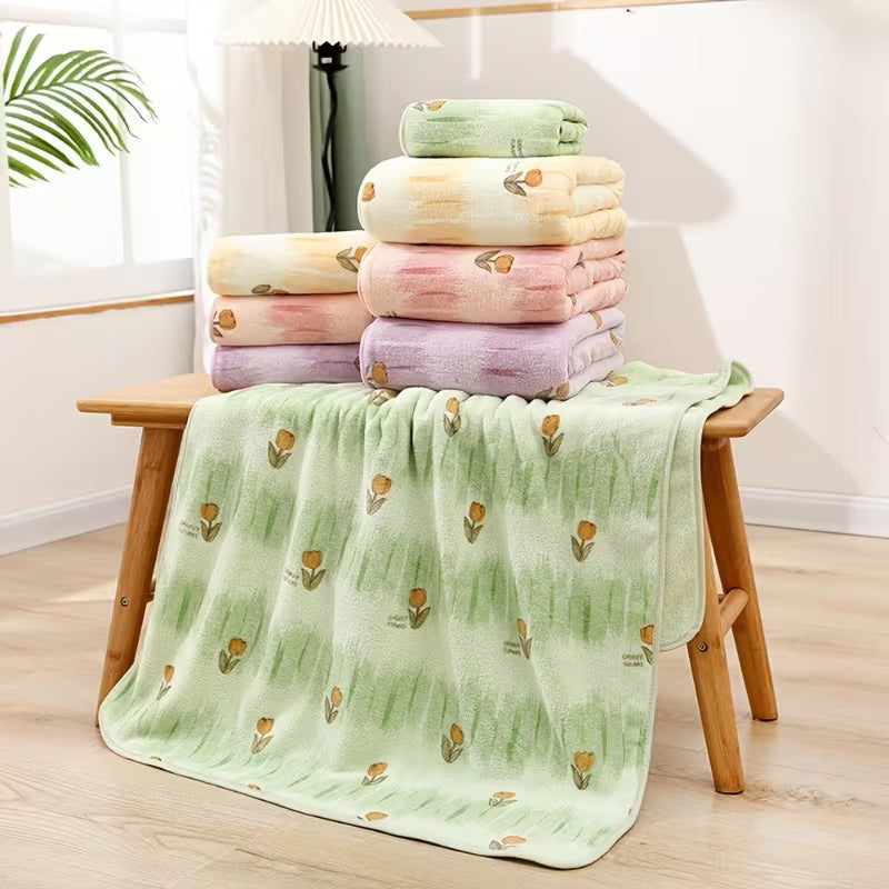 2pcs Floral Adult Bath Towel Set, Spring Tulip Bathroom Towel Set, Coral Fleece Absorbent And Soft Complete Bath Towel Set, Household Hand Towel