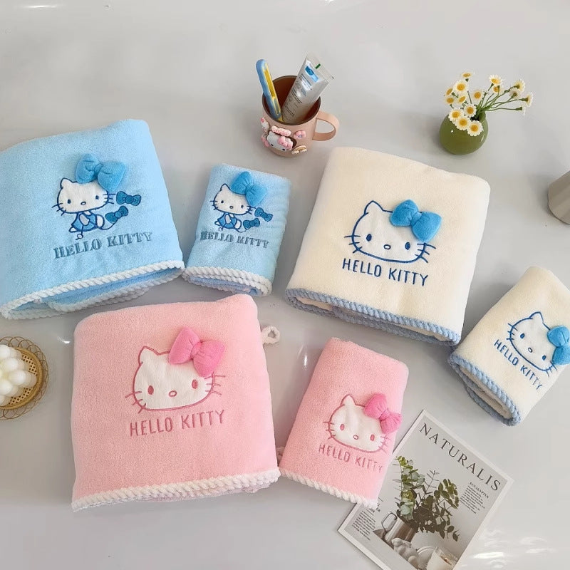 3pcs Sanrio Hello Kitty Bath Towel | Quick-Dry Thick Coral Towels with Hello Kitty Design, Cute Cartoon Theme, Contemporary Style, Fabric, 380 g\m², Suitable for Women and Adults, Wash Cloths