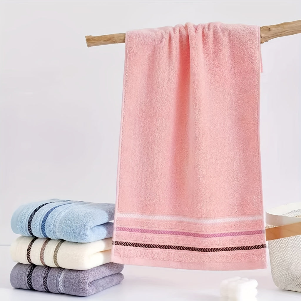 2 Soft Towels - Thick and Absorbent, Light Beige with Reinforced Edge Stripe Design
