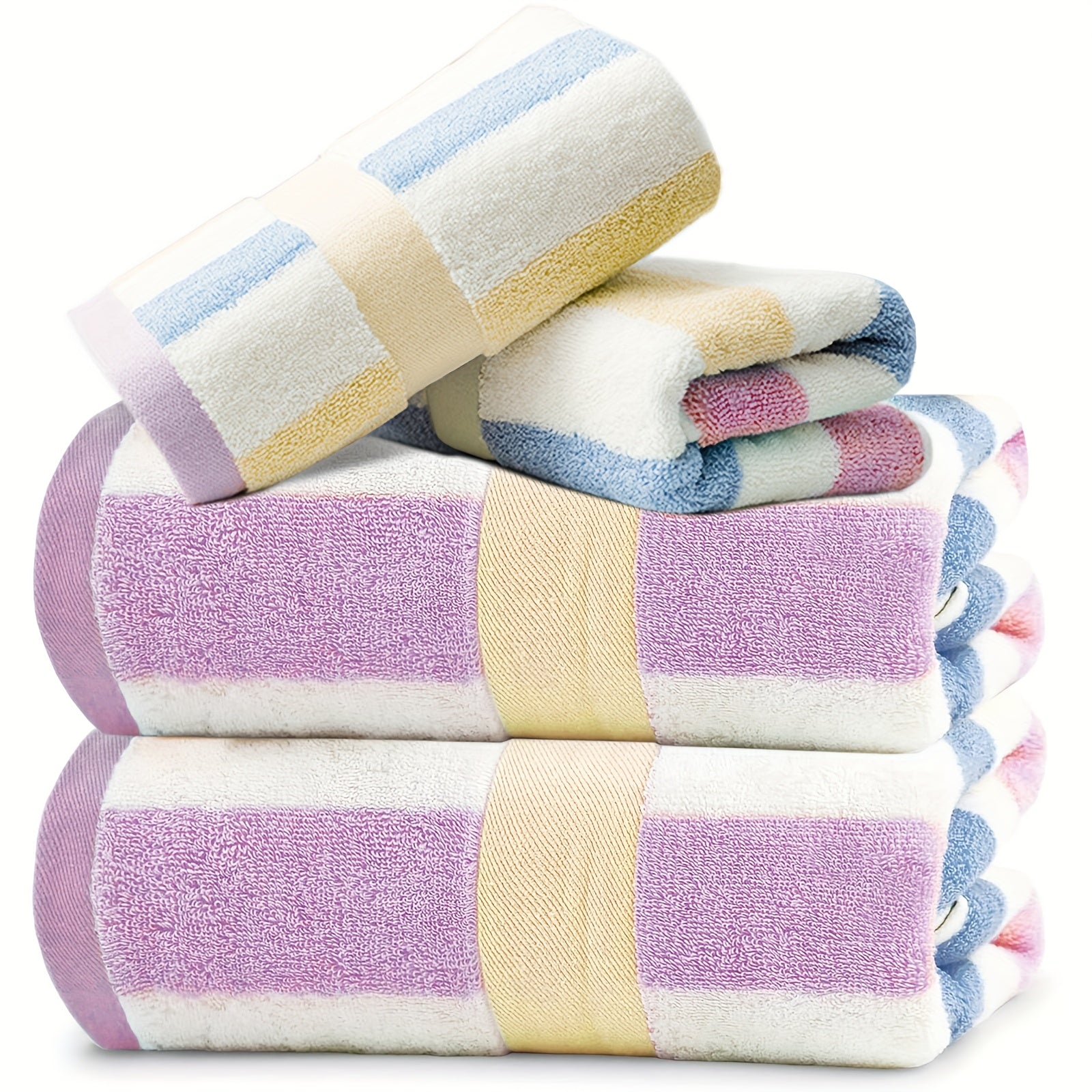 4pcs Heavy-Duty 100% Cotton Bath Towels Set - Large Luxury Spa & Hotel Towel Collection with Pastel Blue\Pink\Green\Yellow Stripes