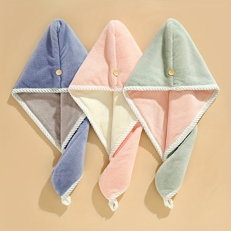 3 Pack Quick-Dry Hair Dry Cap & Towel - Double Thickened Super Absorbent Shower Cap with Coral Fleece, Multi-Color (Blue, Pink, Green)