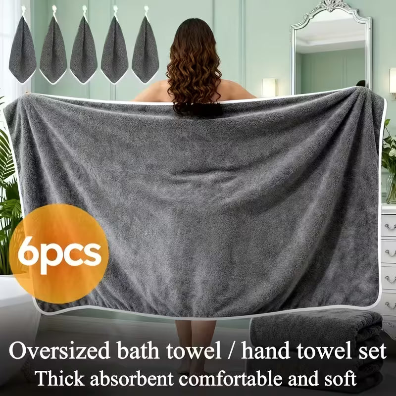 Set of Large Bath Towels Designed for Curvy Women, Including 6pcs: One Large Soft Coral Fleece Body Towel (78.74X39.37 Inches) And 5 Smaller Towels (13.78X13.78 Inches)