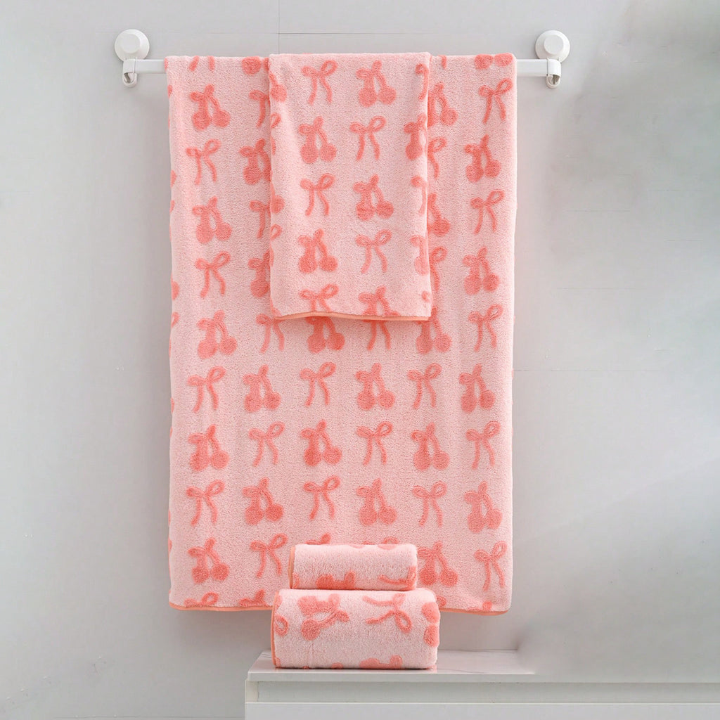 Luxury | Quick-Dry 4pcs Luxury Quick-Dry Soft Bath Towel & Hand Towel | Cherry & Bow Pattern, Small Sizes, Modern Decorative Towel Set