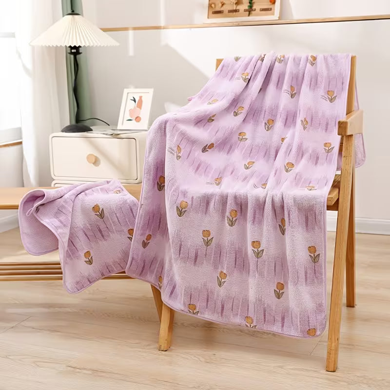 2pcs Floral Adult Bath Towel Set, Spring Tulip Bathroom Towel Set, Coral Fleece Absorbent And Soft Complete Bath Towel Set, Household Hand Towel