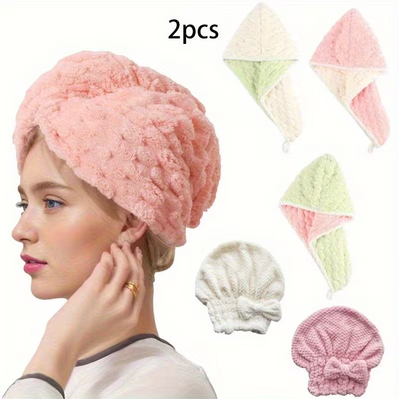 2pcs (1 Dry Hair Towel+1 Dry Hair Cap) Double-layer Dual Color Thick Coral Fleece Dry Hair Cap, Headscarf, Cute Bow Dry Hair Cap