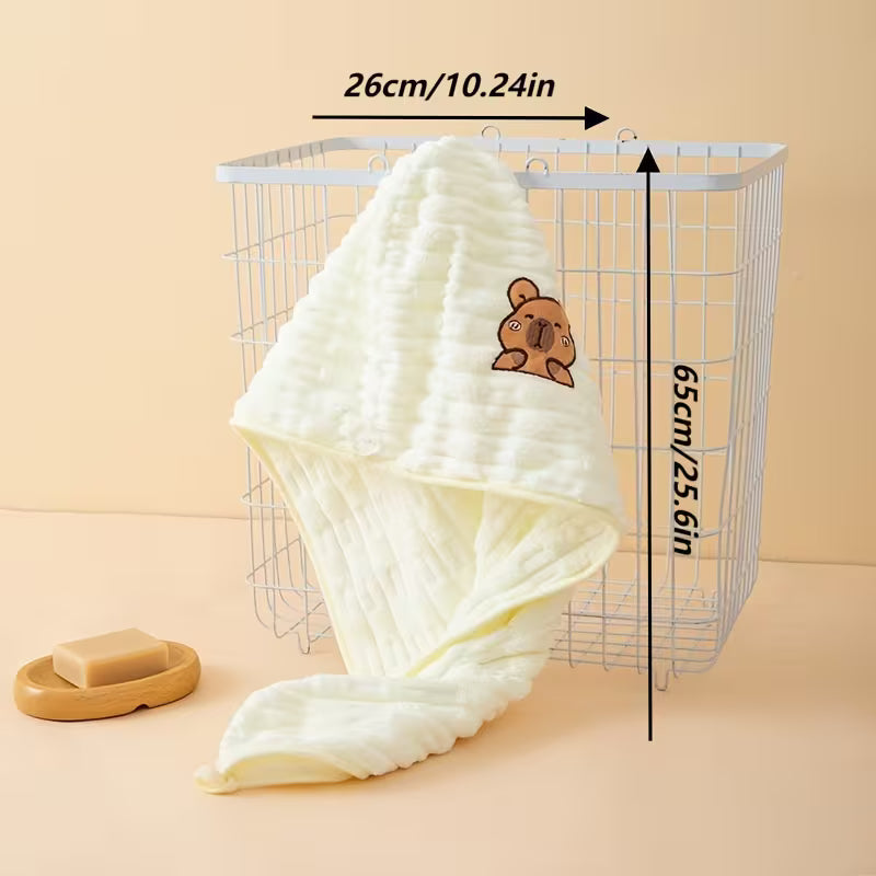 Cute Capybara Hair Drying Cap with Capybara Ear - Thick Coral Fleece Suitable for Head Wrap & Hair Towel Use, Super Absorbent Quick-Dry for Wet Hair Care