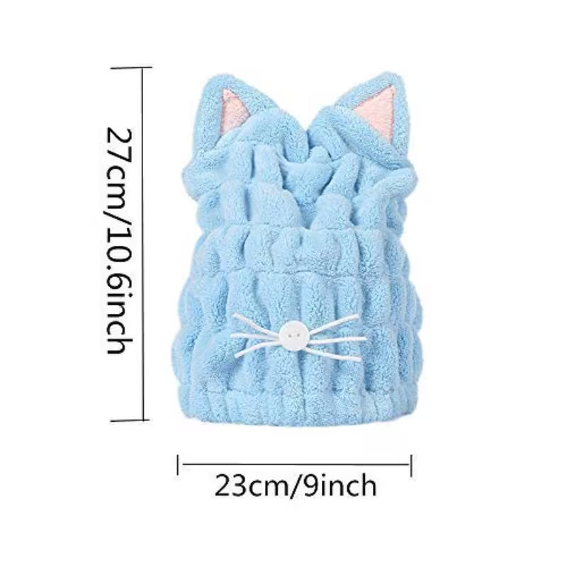 2pcs Ultra Absorbent Microfiber Hair Dry Wrap Turban with Cute Kitty Ears | Quick Drying Bath Tool Hat for Women