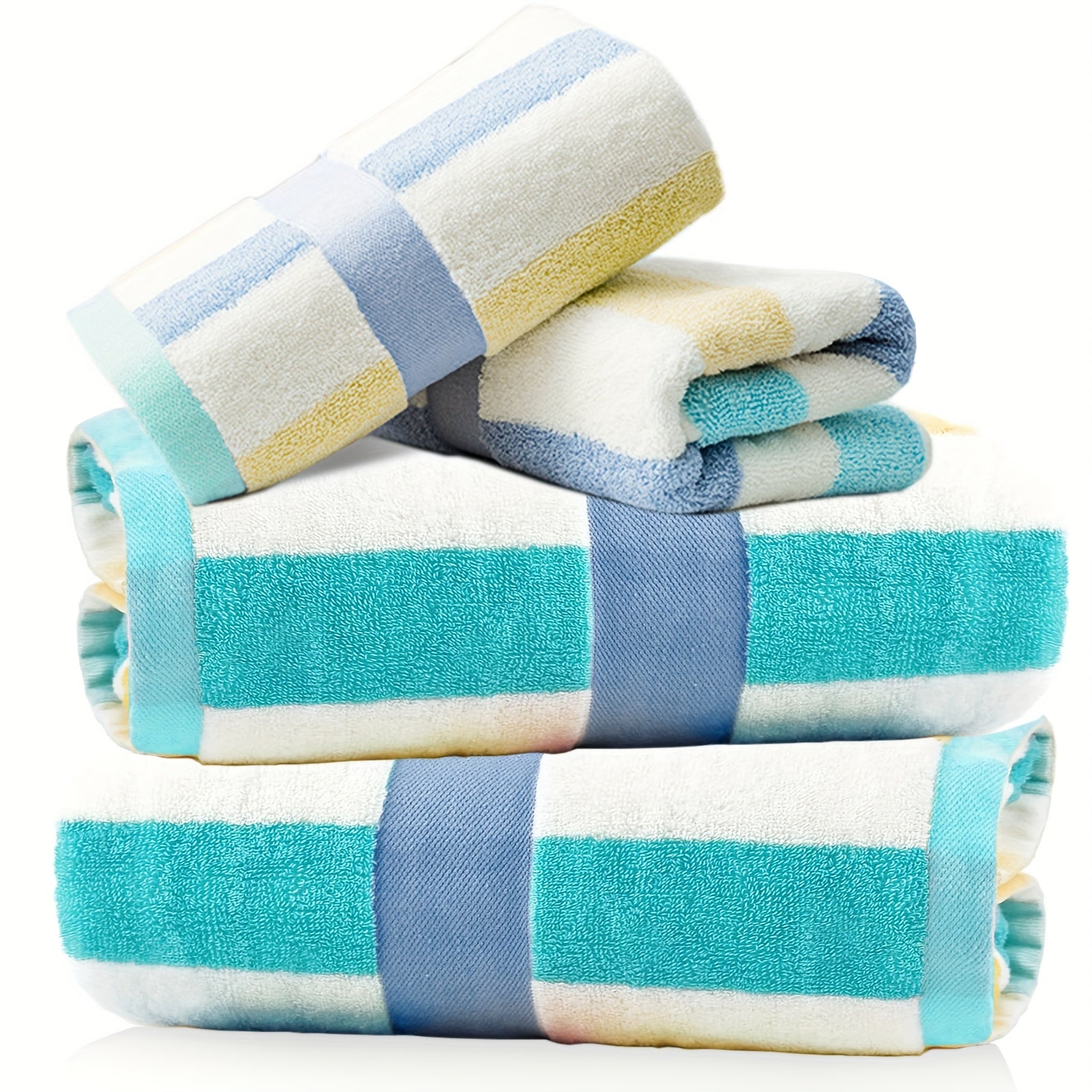 4pcs Heavy-Duty 100% Cotton Bath Towels Set - Large Luxury Spa & Hotel Towel Collection with Pastel Blue\Pink\Green\Yellow Stripes
