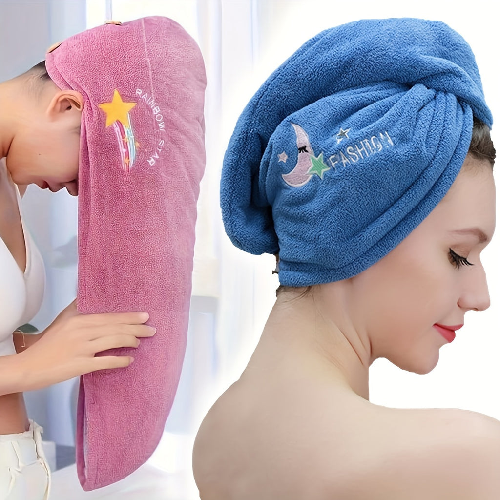 Microfiber Wrap Quick Dry Microfiber Hair Towel Wrap, 1pc | Super Absorbent Hair Drying Turban for Women, Modern Geometric-Pattern Knit Fabric, 260gsm, with Space-Themed Embroidery, for Bathroom Accessories