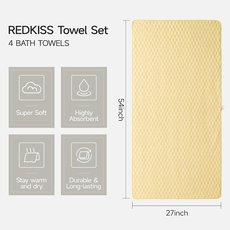 Microfiber Bath Towels Set of 4-27X55 Inch Large Waffle Bath Towels for Body Highly Absorbent Er Soft Lint Free Fluffy Shower Towel for Bathroom Gym Lightweight Towel Set Pink Yellow