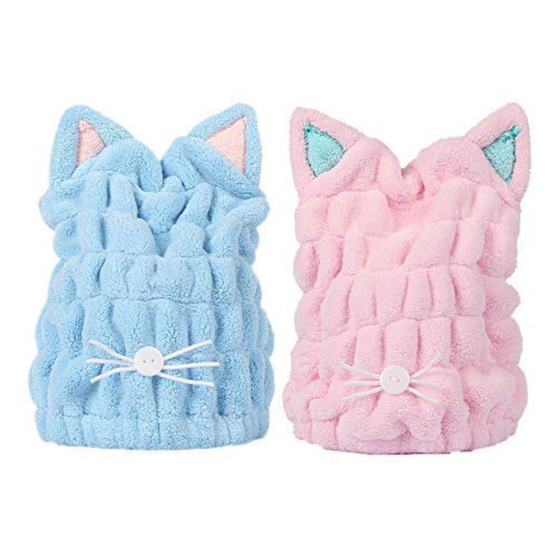 2pcs Ultra Absorbent Hair Quick Drying Towel Microfiber Hair Dry Wrap Turban Cute Kitty Ears Cap Bath Tool Hat for Women