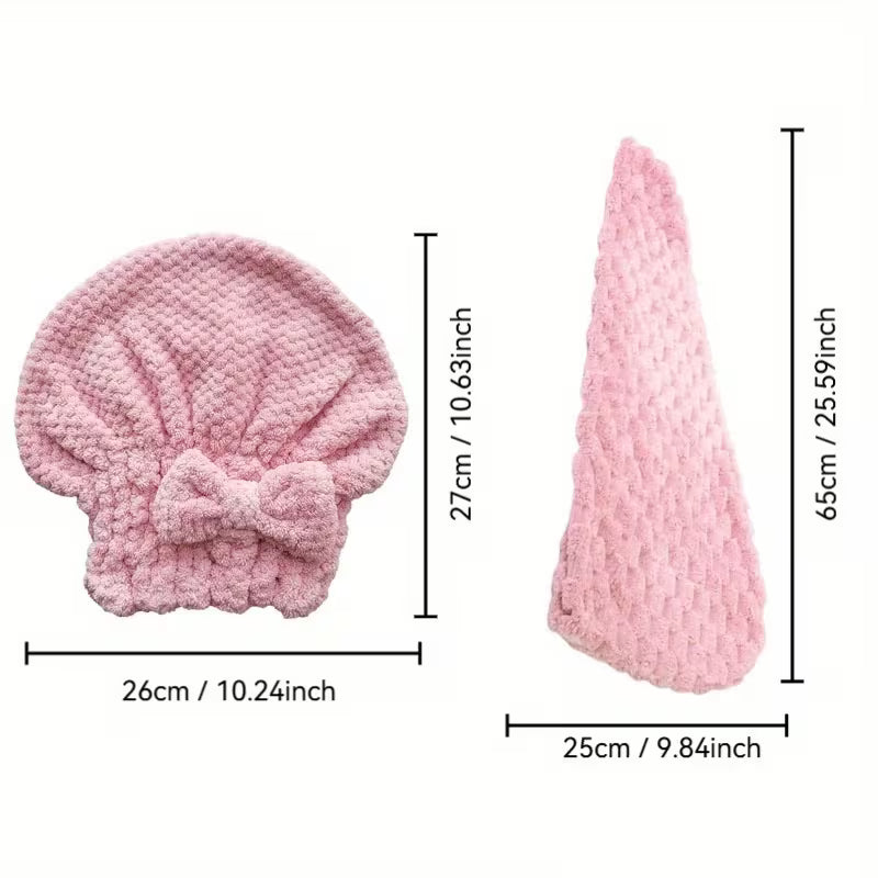 2pcs (1 Dry Hair Towel+1 Dry Hair Cap) Double-layer Dual Color Thick Coral Fleece Dry Hair Cap, Headscarf, Cute Bow Dry Hair Cap